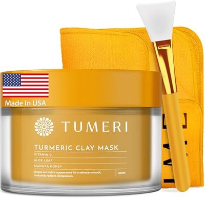 TUMERI Turmeric Clay Mask for Facial Skin Care - Turmeric with Vitamin C Clay Mask with Manuka Honey 2 oz - Facial Mask for Dark Spots, Scarring and Cleansing with Face Mask Brush Applicator Towel
