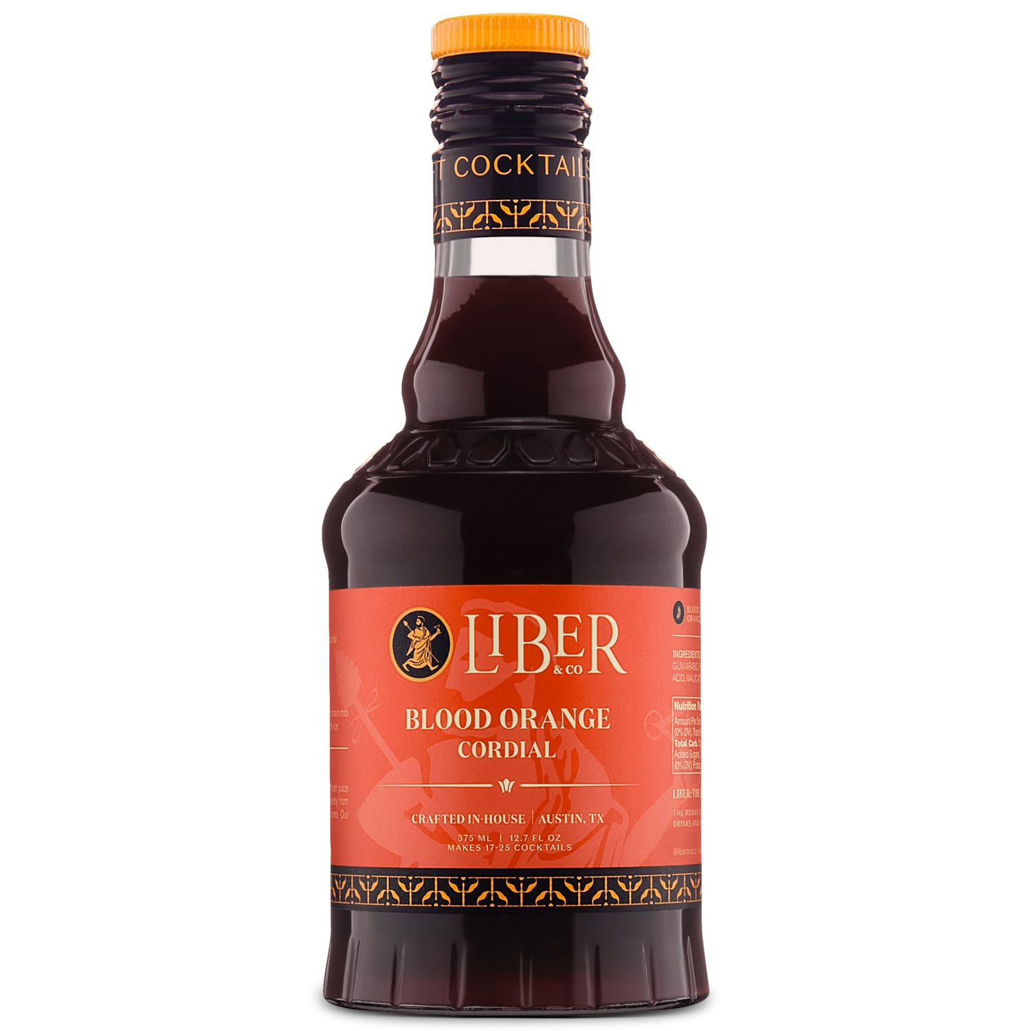 Liber Co. Blood Orange Cordial (12.7 oz) - Craft Cocktail Mixer Made with California Moro Blood Oranges Cold-Pressed Essential Oil - Perfect for Margaritas, Spritzes Mocktails