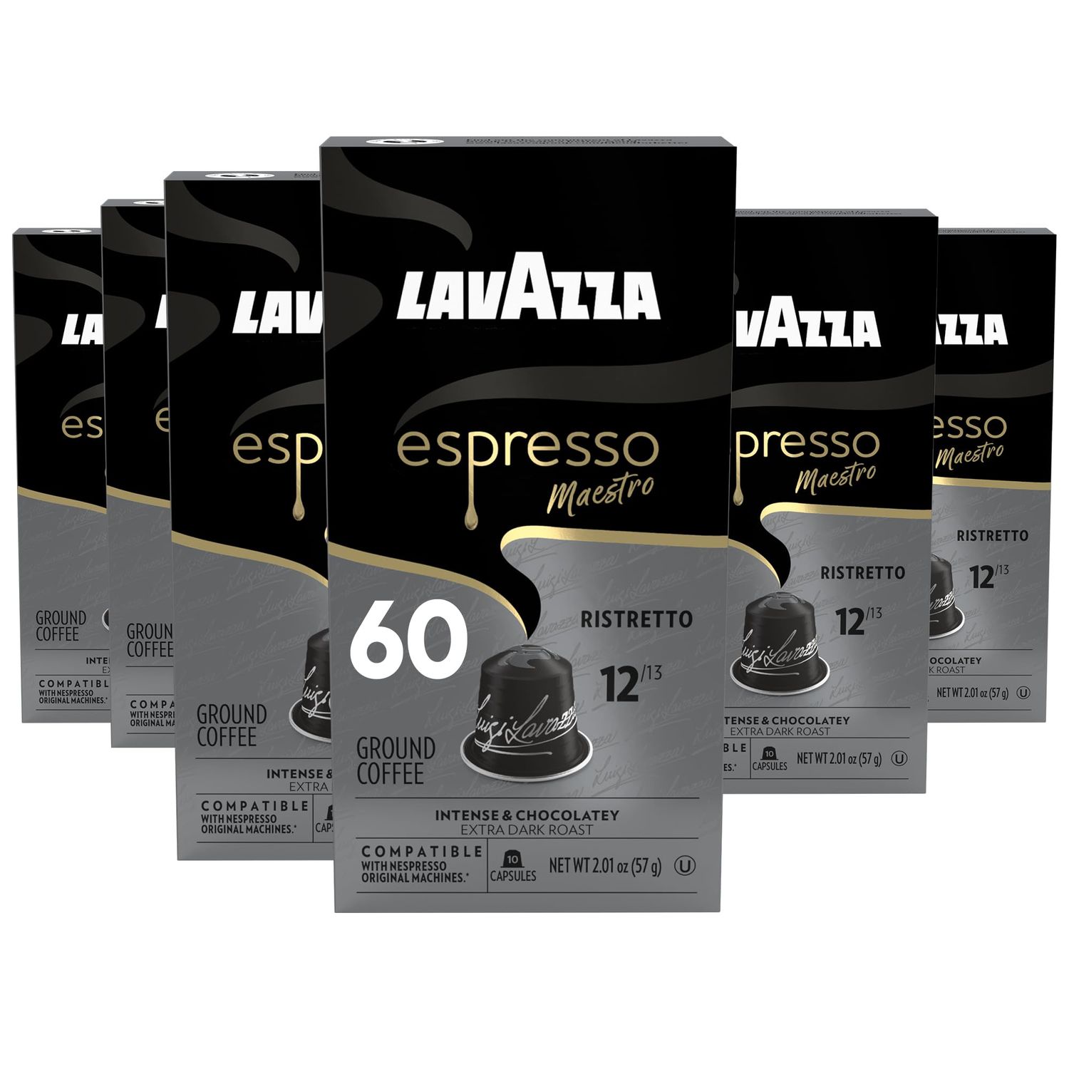 Lavazza Lavazza Ristretto Noble Dark Roast Coffee Capsules Compatible with Nespresso Original Machines, Ristretto, 10 Count (Pack of 6)