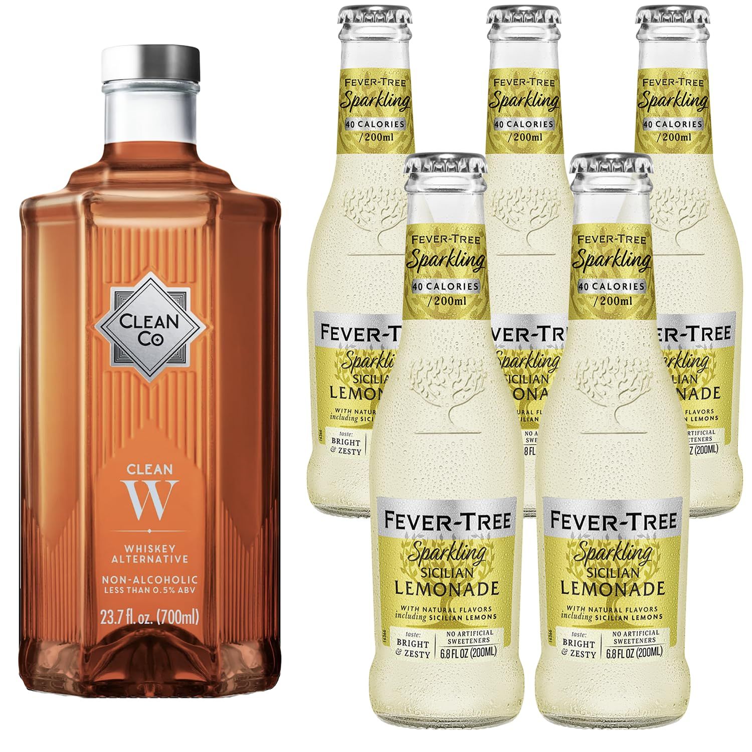 Clean Co Non-Alcoholic Whiskey 700ml Bottle 1-Pack With Fever Tree Sicillian Lemonde 5-Pack