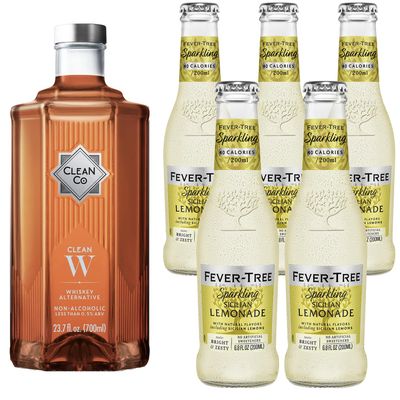 Clean Co Non-Alcoholic Whiskey 700ml Bottle 1-Pack With Fever Tree Sicillian Lemonde 5-Pack