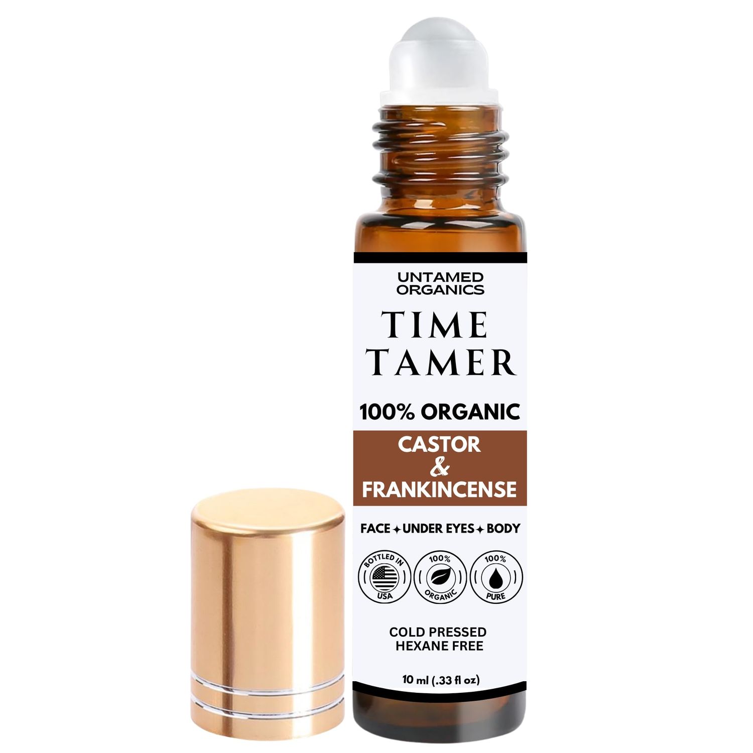 Untamed Organics Time Tamer - Castor Oil Frankincense Oil Roll On Facial Serum For Under Eyes and Face - Certified Organic, Cold Pressed, Hexane Free - Miracle Anti-Aging Oil - 10mL