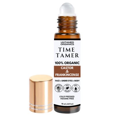 Untamed Organics Time Tamer - Castor Oil Frankincense Oil Roll On Facial Serum For Under Eyes and Face - Certified Organic, Cold Pressed, Hexane Free - Miracle Anti-Aging Oil - 10mL
