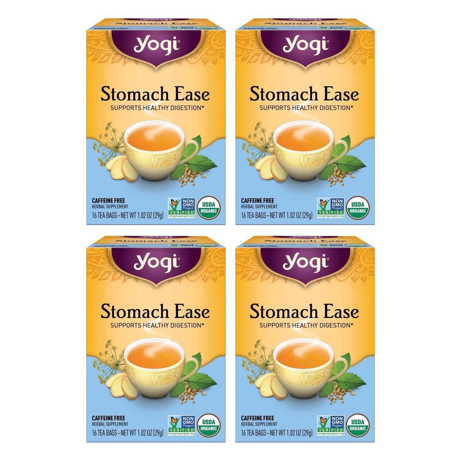 Yogi Tea Stomach Ease - 16 Bags per Pack (4 Packs) - Digestive Tea to Help Soothe Calm the Stomach - Includes Licorice, Fennel, Ginger, Peppermint More