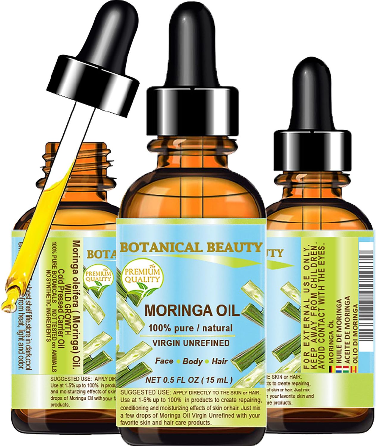 Botanical Beauty MORINGA OIL Moringa oleifera WILD GROWTH Himalayan. 100 Pure Natural Undiluted Virgin Unrefined 0.5 Fl.oz.- 15 ml for Face, Skin, Hair, Lip, Nails