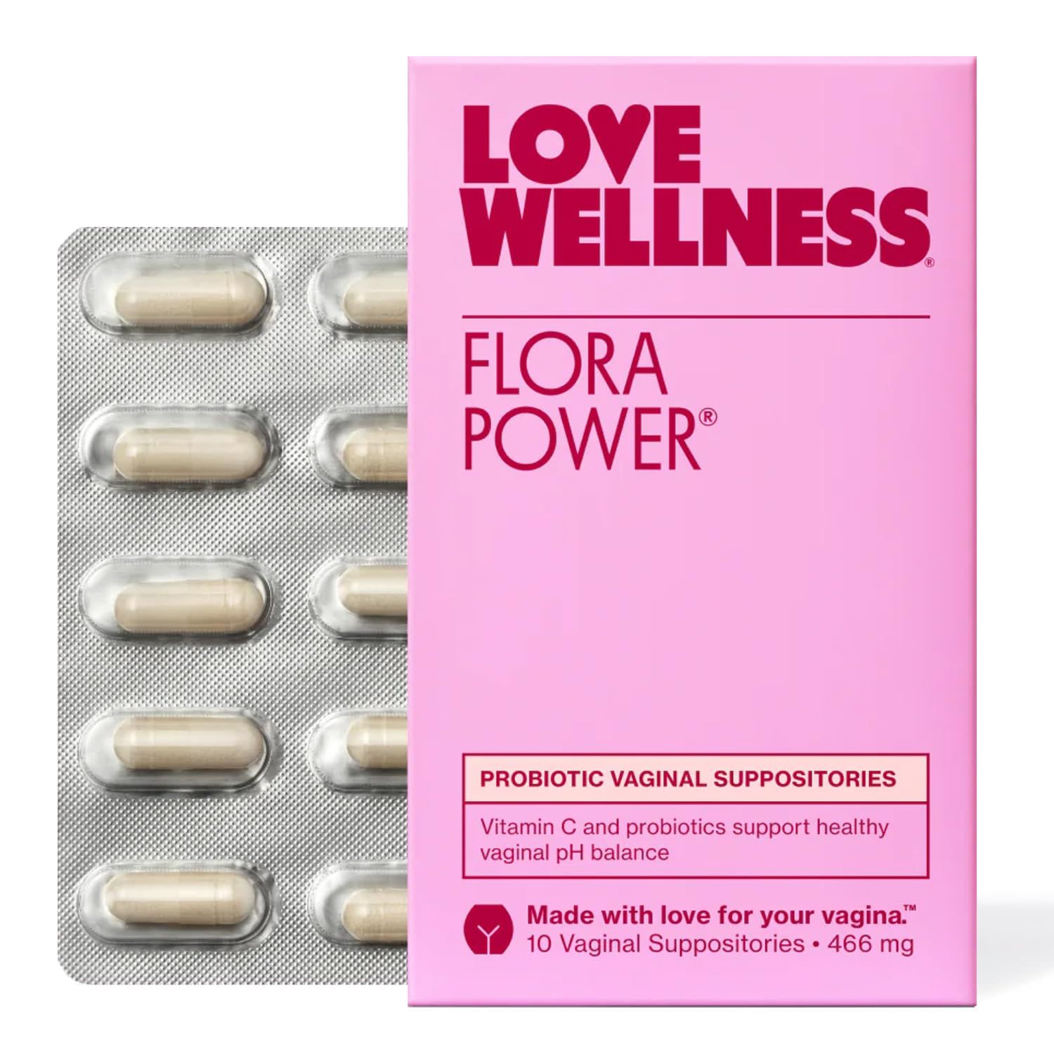 Love Wellness Flora Power Vaginal Probiotic Suppositories with Vitamin C for Vaginal Health Vaginal Suppository for Healthy pH Balance Vaginal Care Fragrance-Free 10 Count