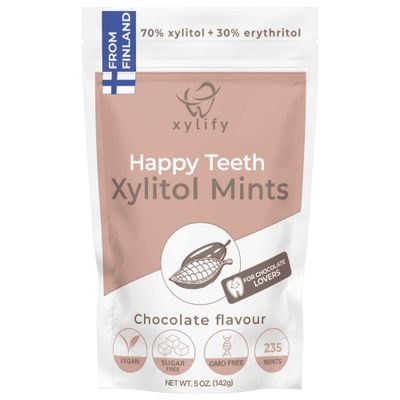Xylitol Mints for Oral Care - Chocolate flavor, with Xylitol and Erythritol, Sugar Free Candy, Happy Teeth dental mints from Finland, 5oz - 235 mints