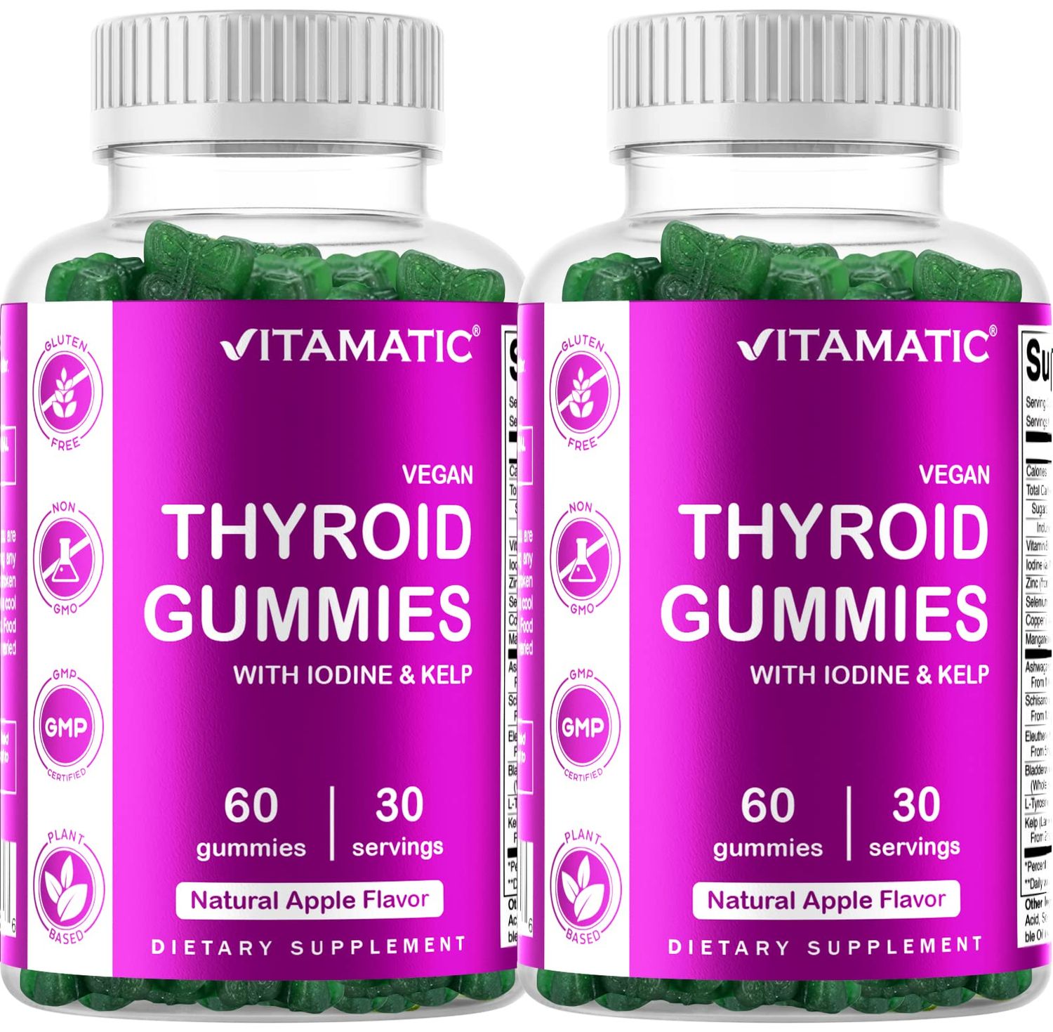 Vitamatic 2 Pack Vegan Thyroid Support Gummies with Iodine Kelp - 60 Count - Plant-Based - Supports Energy Metabolism