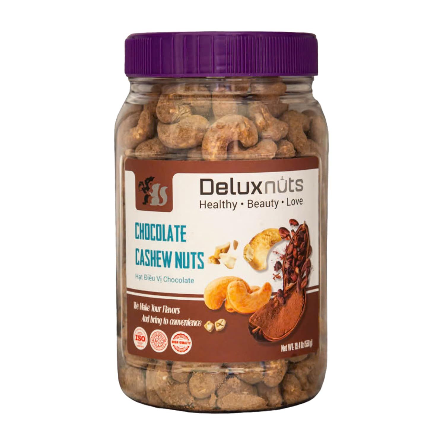 DELUXNUTS Roasted Chocolate Cashews 21 Ounces, Whole Cashew Nuts, Healthy Snack for Kids Adults, Good Source of Protein, Gluten-Free