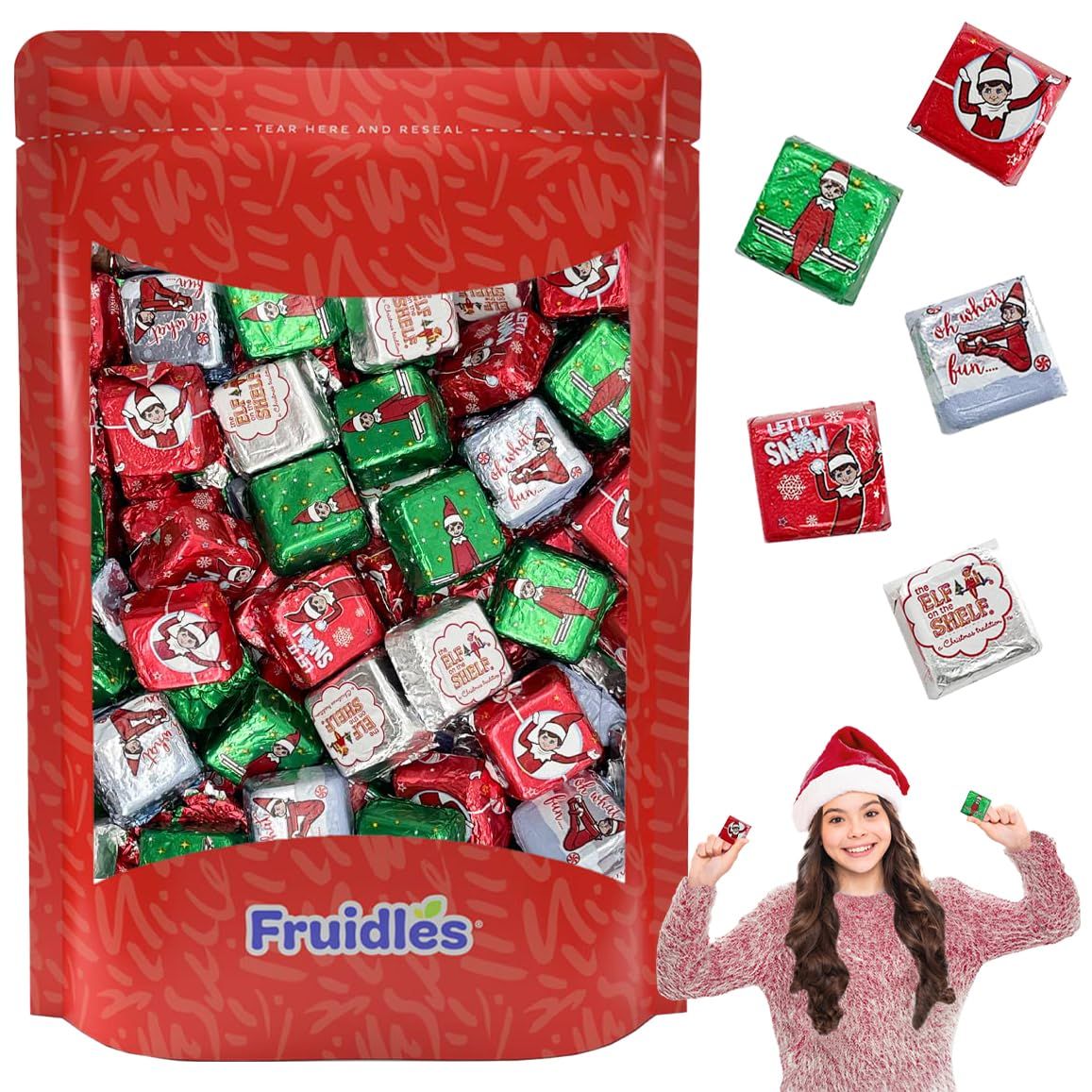 Fruidles Christmas Elf on the Shelf Chocolate, Milk Chocolate Party Bag Fillers, Individually Wrapped Foils, Resealable Bag, Dairy (2 Pounds)