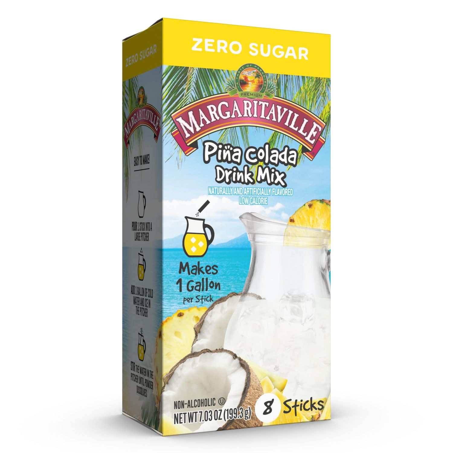 Margaritaville Gallons To Go Powdered Drink Mix, 8-Count Box- Pina Colada - Low Calorie and Zero Sugar Drink Mix, Each Stick Makes 1 Gallon-Sized Pitcher