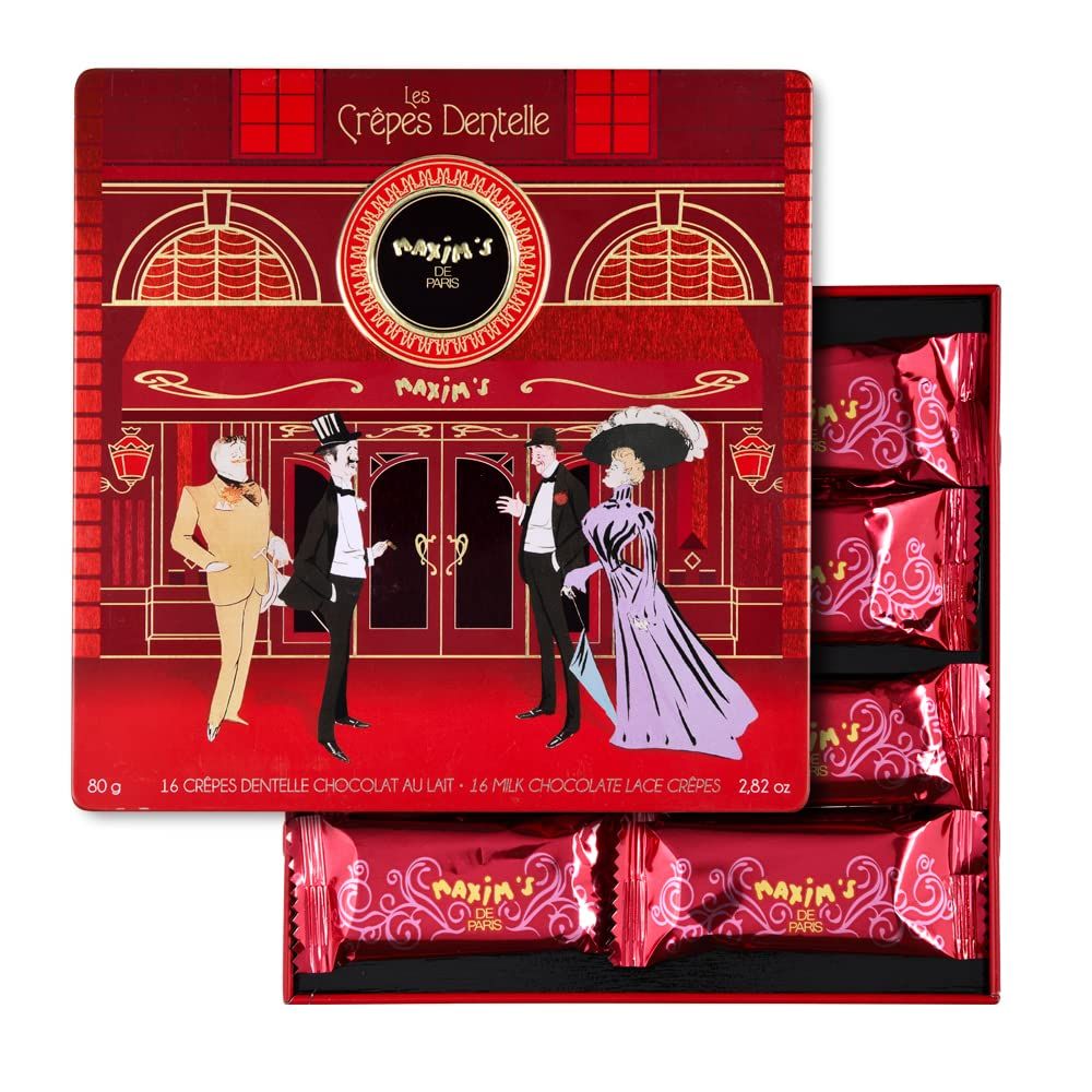 Maxim&#39;s De Paris - Milk Chocolate Covered Crispy Crepe Cookies Individually Wrapped in Collectible Red Tin Box, 16 Pces