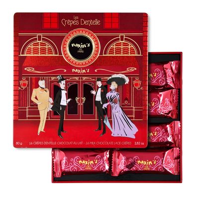 Maxim&#39;s De Paris - Milk Chocolate Covered Crispy Crepe Cookies Individually Wrapped in Collectible Red Tin Box, 16 Pces