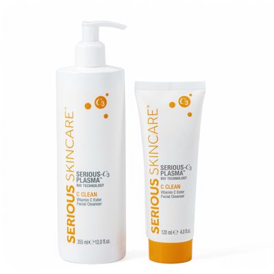 Serious Skincare - Hydrating C3 Vitamin C Facial Cleanser - Gentle Face Wash with Hydrolyzed Collagen - Botanical Extracts - For Dry and Mature Skin - 12 oz.(1) and 4 oz.(1)