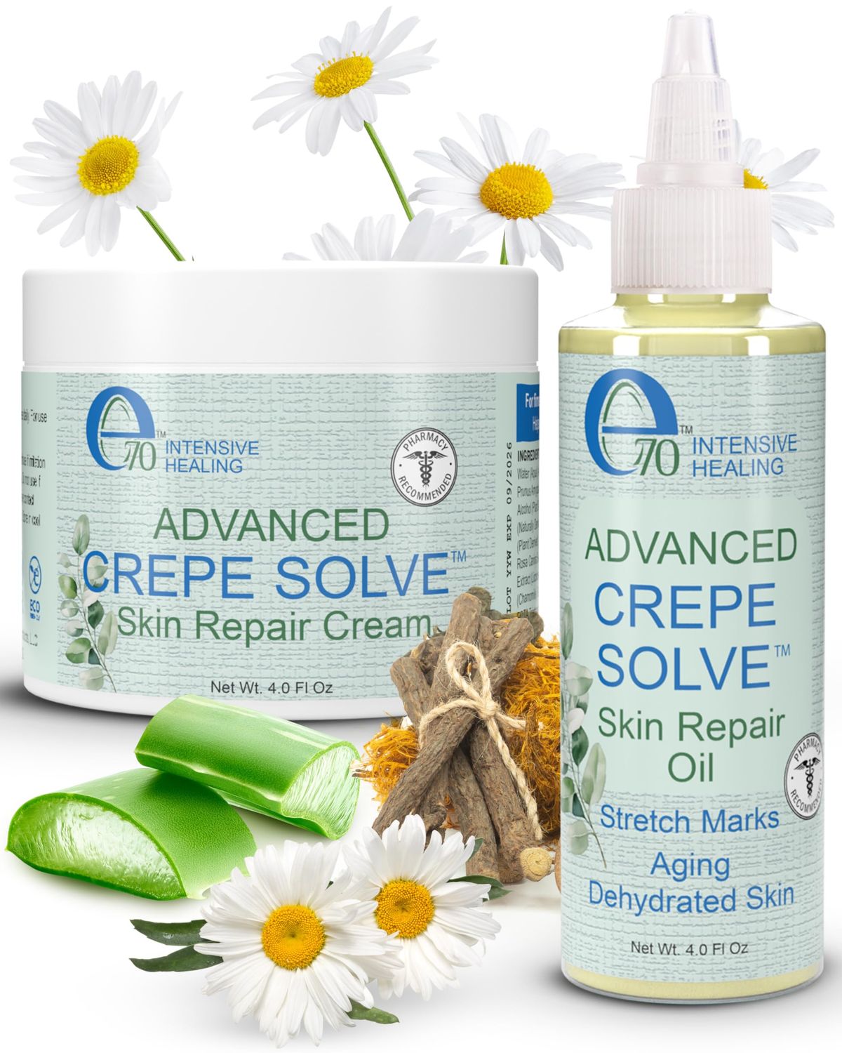 e70 Advance Crepe Solve Skin Firming Cream Moisturizing Body Oil Set - Made with Natural Oils, Licorice Root Chamomile Extract - Face Body Serum Crepey Skin Smoothing Cream