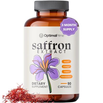 Optimal Prime Saffron Supplement - 100 Pure Saffron Extract 88.5mg - Helps Support Optimal Mood, Energy, and Metabolism, Vegetarian Friendly, Non-GMO, Gluten-Free, Soy-Free, 90 Capsules