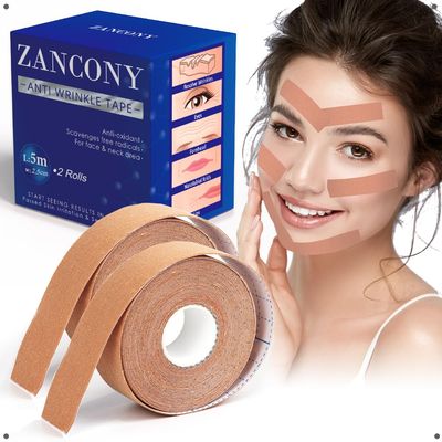 zancony Anti-Wrinkle Tape Facial Myofascial Lift-Smoothes Wrinkles Suits for All Parts of The Face and Neck - Forehead Fines Nasolabial Folds Crow&#39;s Feet Necklines etc, 2.5CM2Rolls