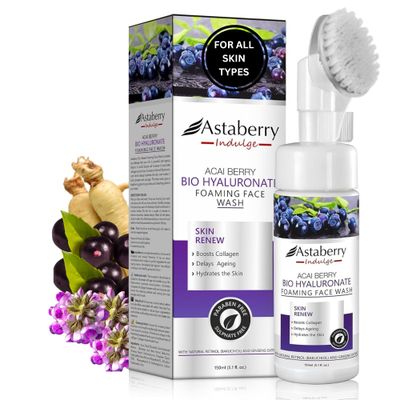Acai Berry Foaming Face Wash Daily Facial Cleanser Hyaluronic Acid, Silicon Exfoliating Scrub Brush Anti Aging, Hydrating, Acne, Dark Spot Control for Sensitive Dry Oily Skin