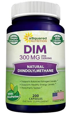 aSquared Nutrition DIM Supplement 300mg Plus BioPerine - 200 Veggie Capsules - Diindolylmethane DIM Max Strength Pills to Support Estrogen Metabolism Balance, Menopause Relief, PCOS, Hormonal Acne