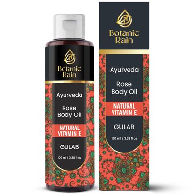 Botanic Rain Ayurveda Rose Body Oil, Moisturizing Hydrating Organic Vitamin E Oil, Body Oils For Women After Shower, Ayurveda Products For Crepey Skin Repair - 3.38 Fl Oz