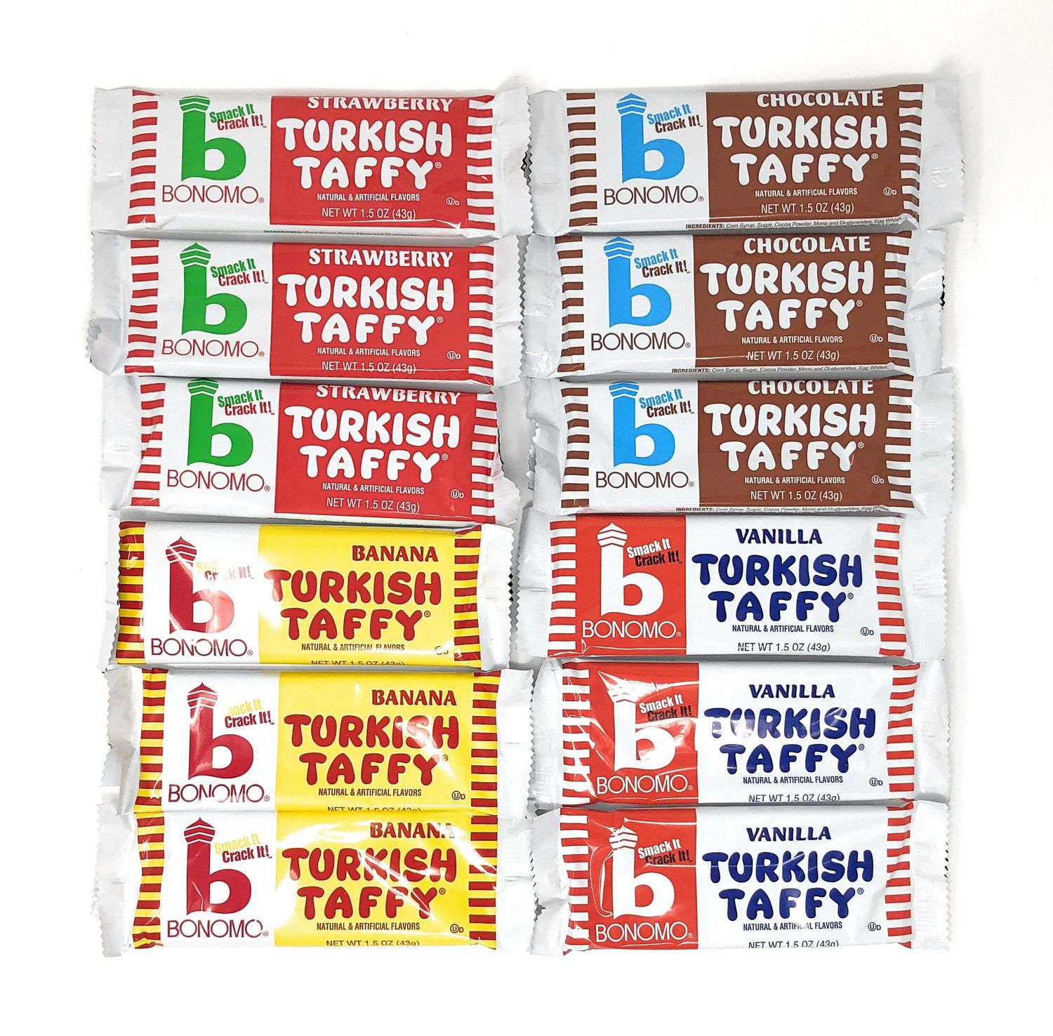 Bonomo Turkish Taffy Candy Variety Bundle (3 PcsFlavor) - Vanilla, Chocolate, Banana, and Strawberry