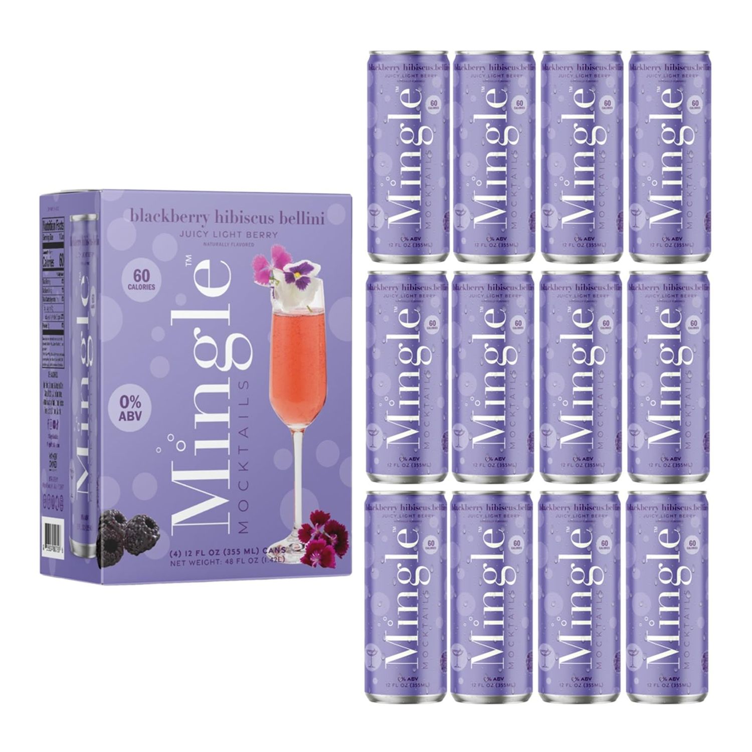 Mingle Mocktails Blackberry Hibiscus Bellini, Non-Alcoholic Drinks, Pre-Mixed Drinks, Canned Mocktails, 12 fl. oz. Cans, Pack of 24