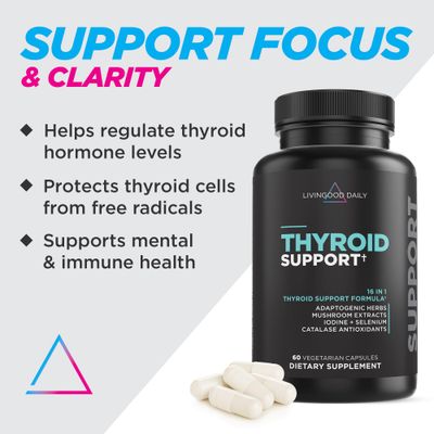 Livingood Daily Thyroid Support for Women Men, 60 Vegetarian Capsules - Adaptogenic Herbs, Selenium Iodine Supplement (from Kelp Fronds) Support Metabolism, Hormone Balance, Mood, Thyroid Health
