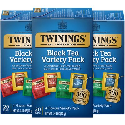 Twinings Black Tea Variety 3-Pack with Earl Grey Tea, English Breakfast Tea, Irish Breakfast Tea, and Lady Grey Tea Bags, Individually Wrapped, 20 Count Ea