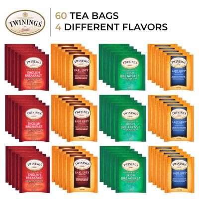 Twinings Black Tea Variety 3-Pack with Earl Grey Tea, English Breakfast Tea, Irish Breakfast Tea, and Lady Grey Tea Bags, Individually Wrapped, 20 Count Ea