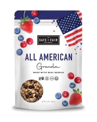 Safe Fair All American Granola - Gluten-Free Vegan Snack - Whole Grain Oats with Real Strawberries, Blueberries, and Cranberries - Non-GMO, Kosher, No Preservatives - 12oz