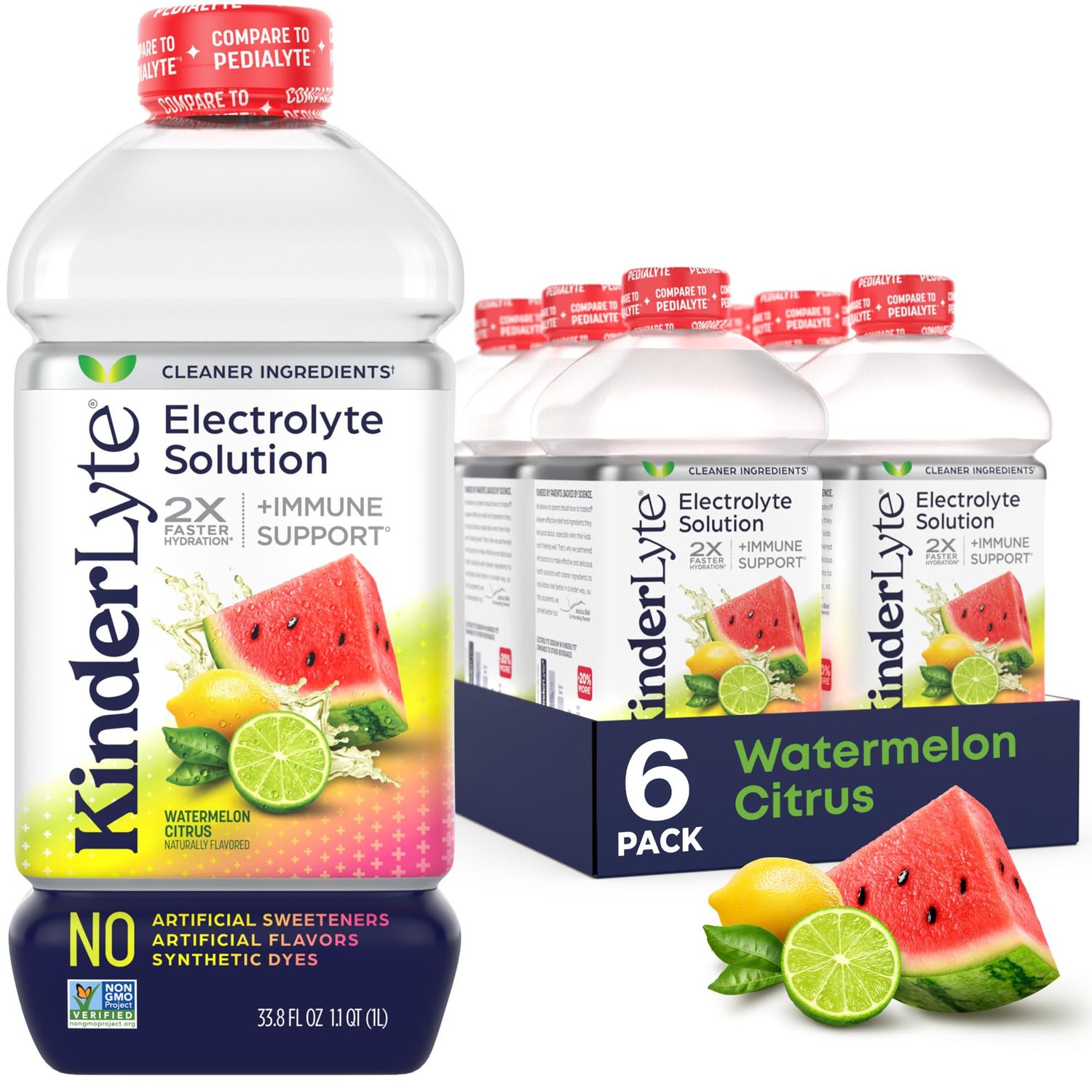 Kinderlyte Electrolyte Solution, 2X Faster Hydration vs. Water Alone, No Artificial Sweeteners or Flavors, No Synthetic Dyes, Watermelon Citrus, for Kids and Adults, 33.8 fl oz (Pack of 6)