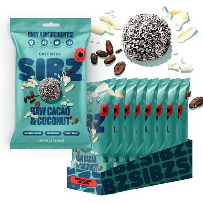 SIBZ Date Bites Raw Cacao Coconut - All Natural, Gluten Free, Non GMO, Plant Based, No Added Sugar (2.1oz, Pack of 8)