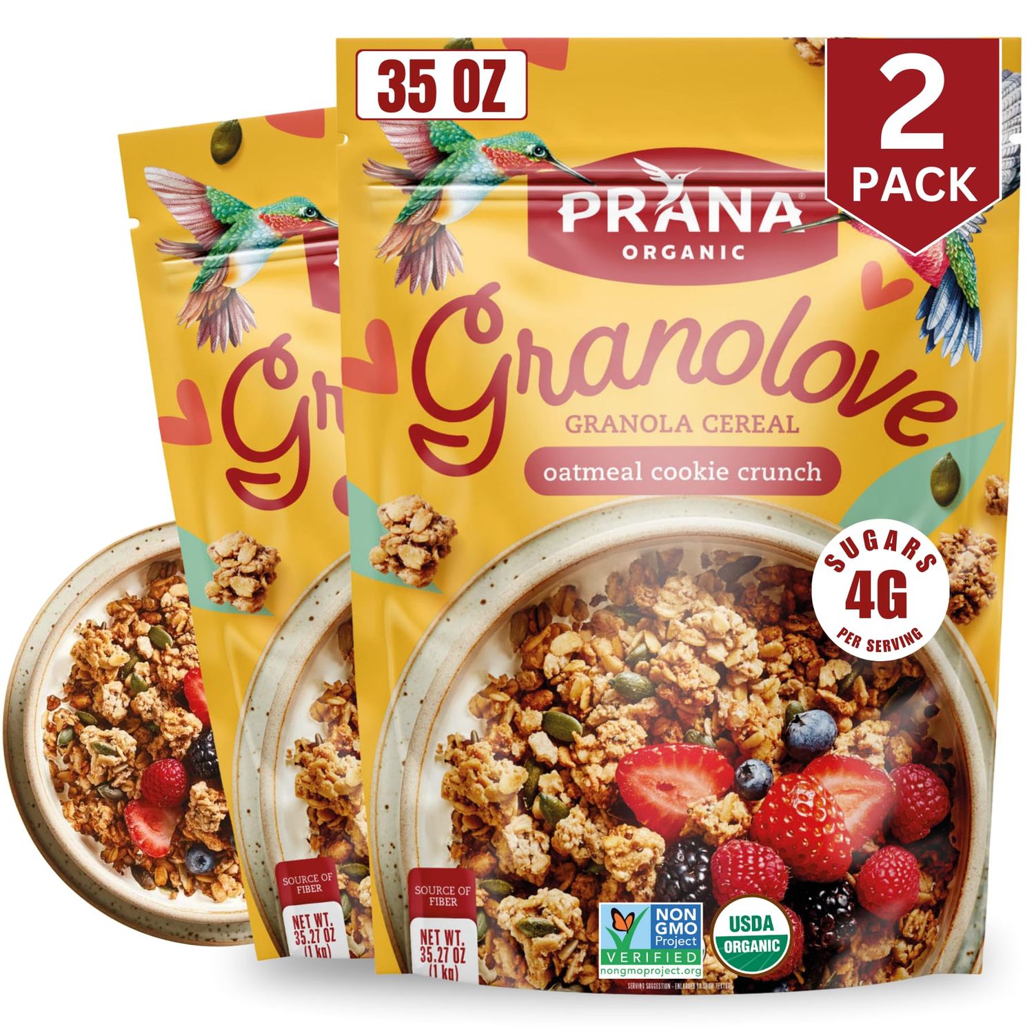 Prana Granolove - Oatmeal Cookie Crunch Organic Granola Cereal Rich in Fiber Protein, Vegan, Non-GMO, Kosher and Low-Sugar - 35.27oz Bags - 2 Pack