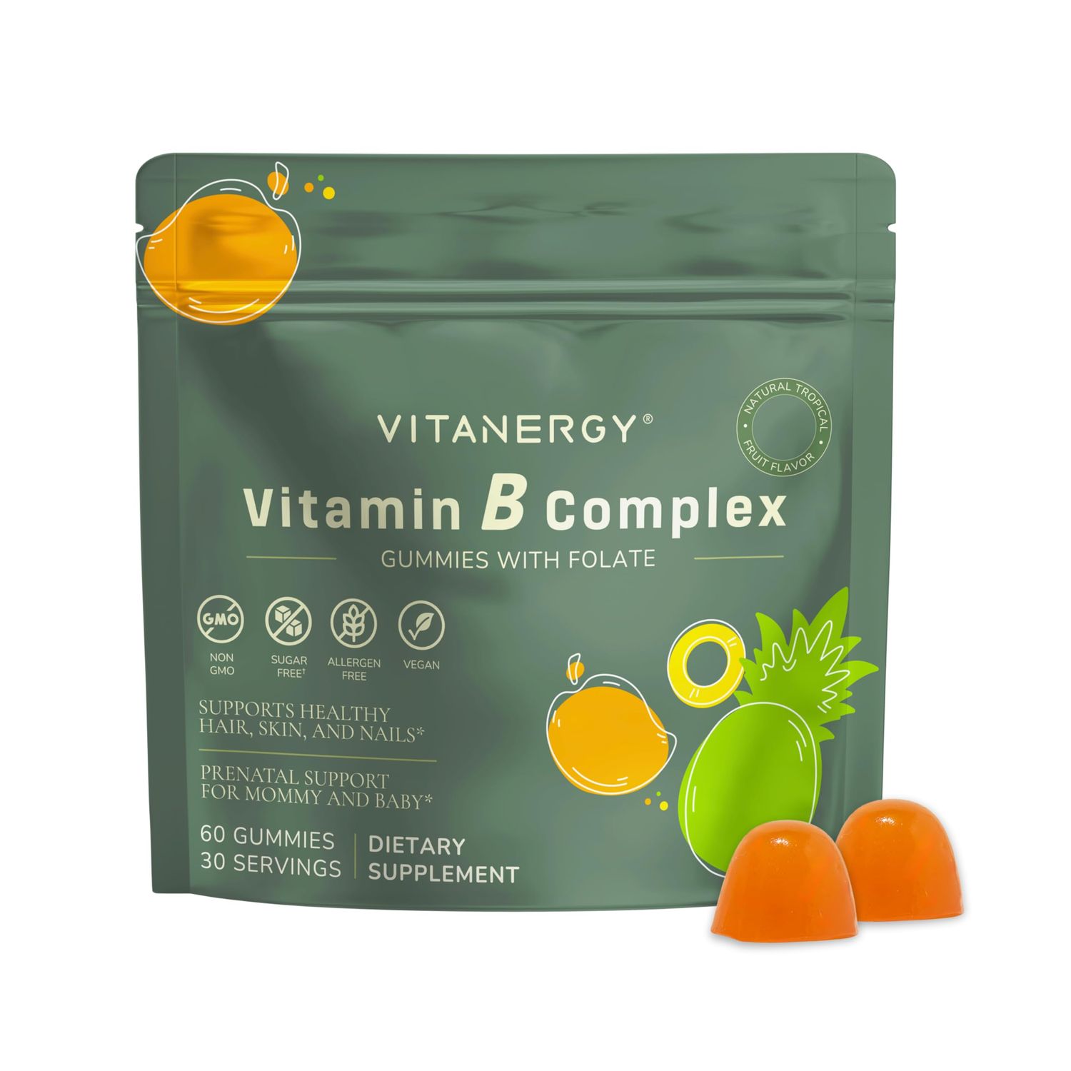 Vitanergy Tropical B Complex Gummies for Women - Sugar-Free, Vegan, Non-GMO - 7 B Vitamins Iron, Energy Immune Support - Portable Pouch, Made in USA, 60 Count