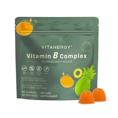 Vitanergy Tropical B Complex Gummies for Women - Sugar-Free, Vegan, Non-GMO - 7 B Vitamins Iron, Energy Immune Support - Portable Pouch, Made in USA, 60 Count