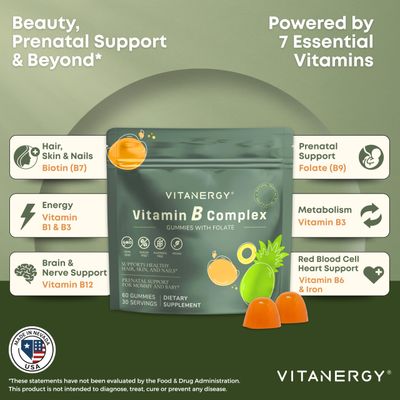 Vitanergy Tropical B Complex Gummies for Women - Sugar-Free, Vegan, Non-GMO - 7 B Vitamins Iron, Energy Immune Support - Portable Pouch, Made in USA, 60 Count