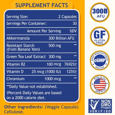 GLP-1 Supplement 300 Billion AFU Akkermansia Muciniphila, Akkermansia Probiotic for Women Men, Akka Superbiotics for GLP-1 Production, Digestive, Gut, Immunity, Enhances Gut Lining Function, 60 Caps