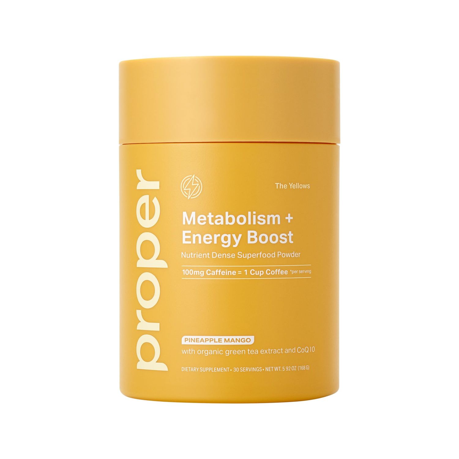 Proper, The Yellows Metabolism and Energy Boost, Sugar Free Energy Drink Powder with 100mg Caffeine. No Creatine or Beta-Alanine. 30 Servings, Pineapple Mango Drink Mix for Men and Women