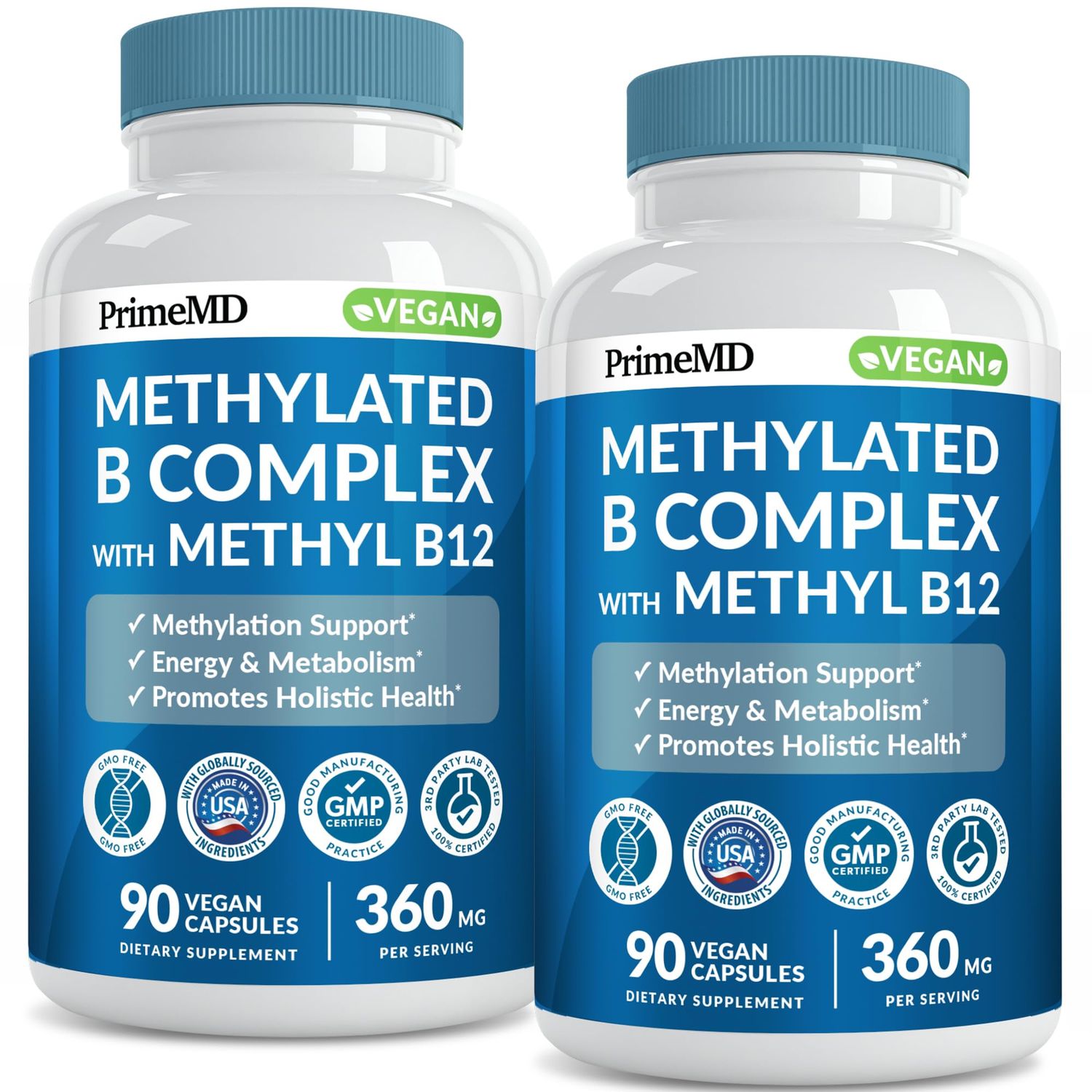 Methylated B Complex with Methylfolate and B12 Methylcobalamin 1000 mcg - Methylated Multivitamin for Energy, Brain Function, and Wellness - Vitamin B Complex for Men Women (90 Servings) (Pack of 2)