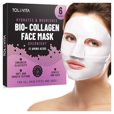 TOLEVITA Bio-Collagen Overnight Face Mask - Hydrating Nourishing Sheet Mask with 17 Amino Acids, Improves Elasticity Moisturizes, Softens Skin, Suitable for All Skin Types, 6 Pack