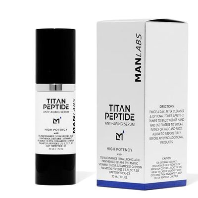 Man Labs Titan High Potency Anti Aging Peptide Serum for Face - Men&#39;s Gentle Multi Peptide Moisturizer with Hyaluronic Acid, 5 Niacinamide, Vitamin C, Vitamin E, and Ceramides - Unscented, 1 Fl Oz