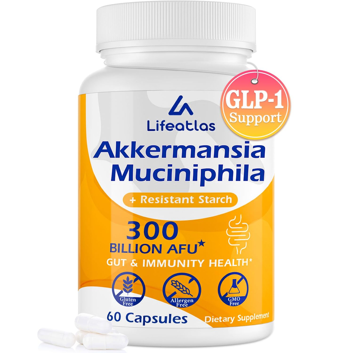 GLP-1 Supplement 300 Billion AFU Akkermansia Muciniphila, Akkermansia Probiotic for Women Men, Akka Superbiotics for GLP-1 Production, Digestive, Gut, Immunity, Enhances Gut Lining Function, 60 Caps