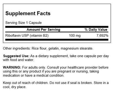Swanson Vitamin B2 Supplement (Riboflavin) - Vitamin Supplement to Support Vision Health, Aid Thyroid Function, and Promote Energy Metabolism Support - (100 Capsules, 100mg Each)