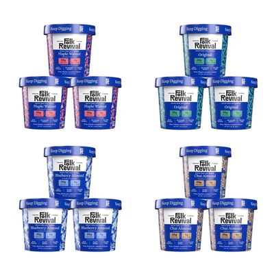 Folk Revival Keto Instant Oatmeal Variety Pack - 20g of Protein, Low Carb, High Fiber, 3 Blueberry, 3 Maple Walnut, 3 Chai Almond, 3 Original - 12 Cups Per Case