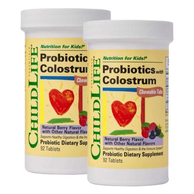 CHILDLIFE ESSENTIALS ChildBiotics with Colostrum- Probiotics for Kids, Probiotics for Digestive Health, Chewables, Children&#39;s Probiotic, Colostrum for Kids - Natural Berry, 92 Tablets (Pack of 2)