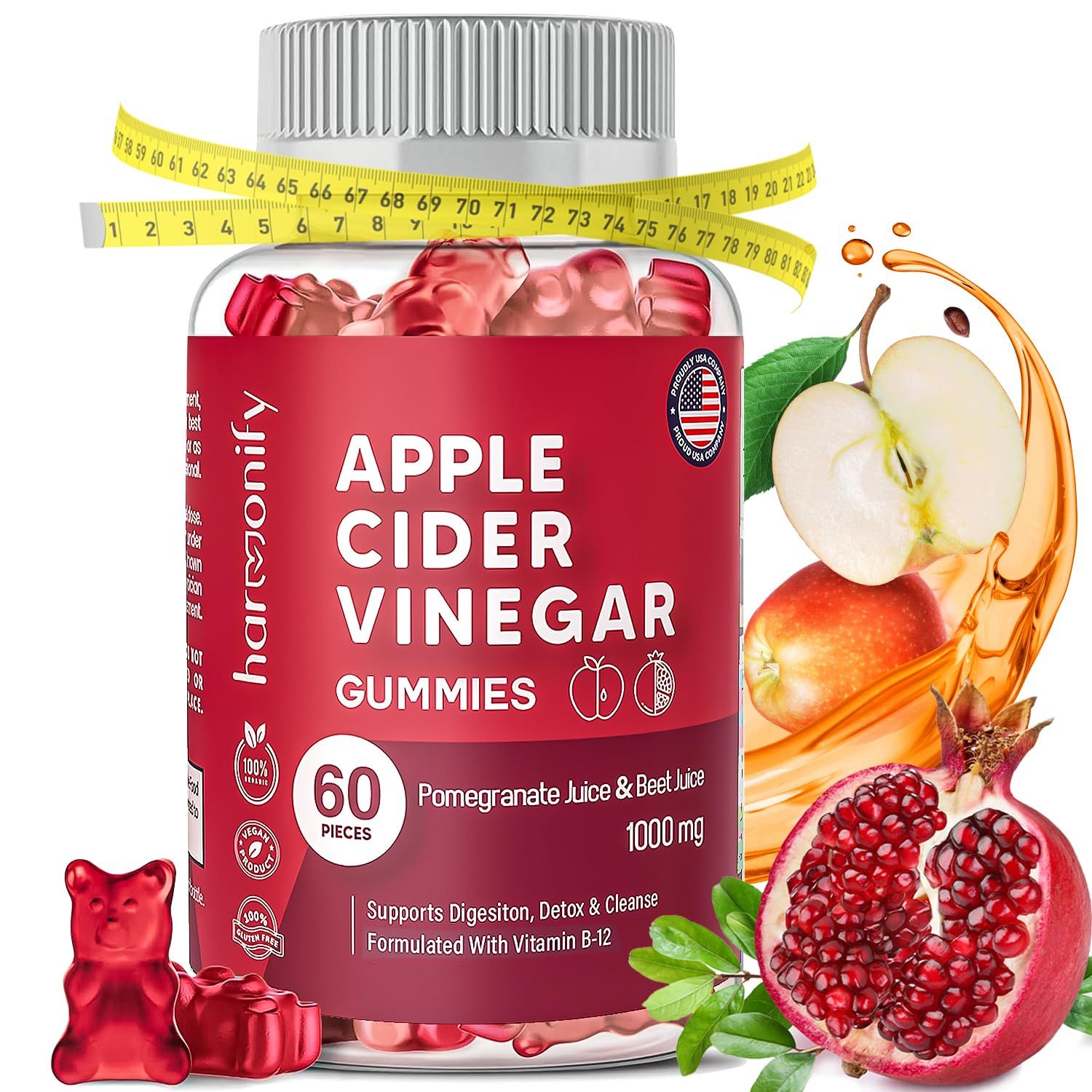 HARMONIFY Apple Cider Vinegar Gummies with Pomegranate Beet Juice, Vinagre De Manzana Capsulas Gomitas, Formulated with Vitamin B12, 1000 mg Vitamins - 30 Days Servings