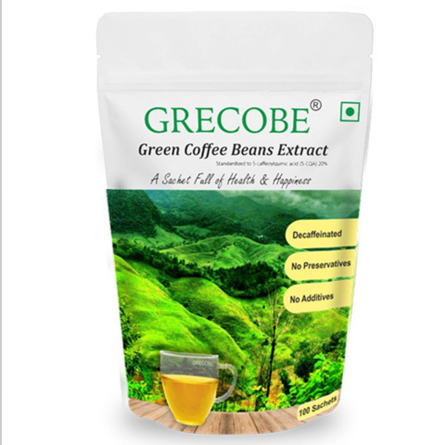 GRECOBE - 100 Pure Green Coffee Beans Extract with 50 chlorogenic acids, Decaffeinated, antioxidant Maintain Metabolism - (1Pouch- 100 sachets)