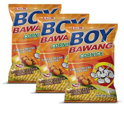 Boy Bawang Cornick, Chili Cheese - Crispy Tasty Gluten-Free Corn Nuts 3.54 ounces (100g), 3 Pack