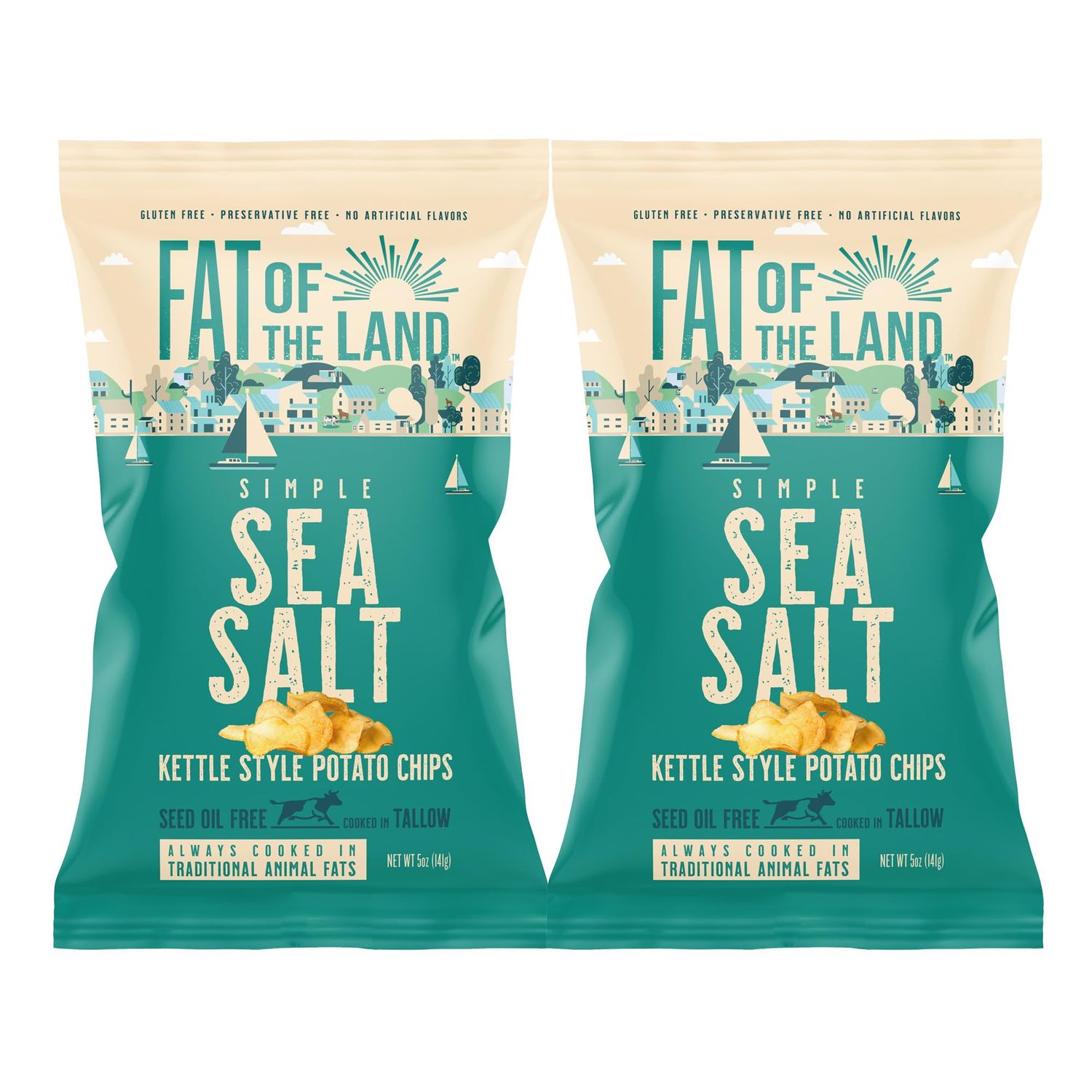 Fat of the Land Sea Salt Potato Chips - Gluten Free Kettle Chips - Preservative Free - No Artificial Flavors - Cooked in Traditional Animal Fats - No Seed Oils - Rich in Vitamin D - 5 Oz (2 Pack)