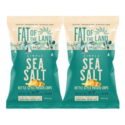 Fat of the Land Sea Salt Potato Chips - Gluten Free Kettle Chips - Preservative Free - No Artificial Flavors - Cooked in Traditional Animal Fats - No Seed Oils - Rich in Vitamin D - 5 Oz (2 Pack)
